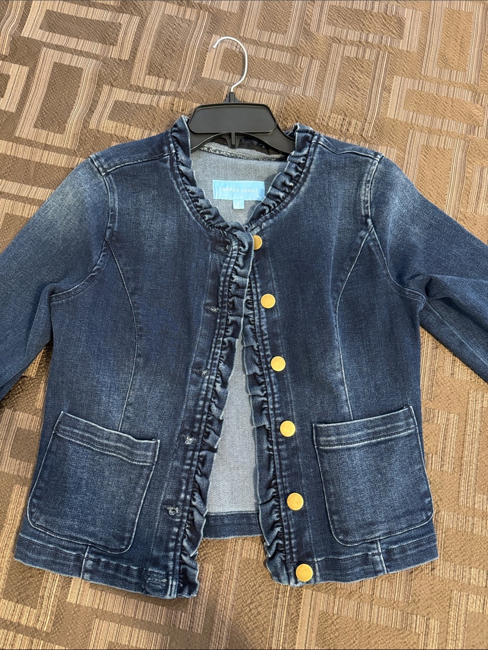 Draper James Dark Blue Ruffle-Front Denim Jacket with Gold Buttons
